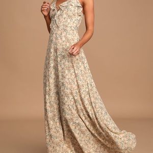 LuLus Caught Me Blushing Cream Floral Maxi Dress